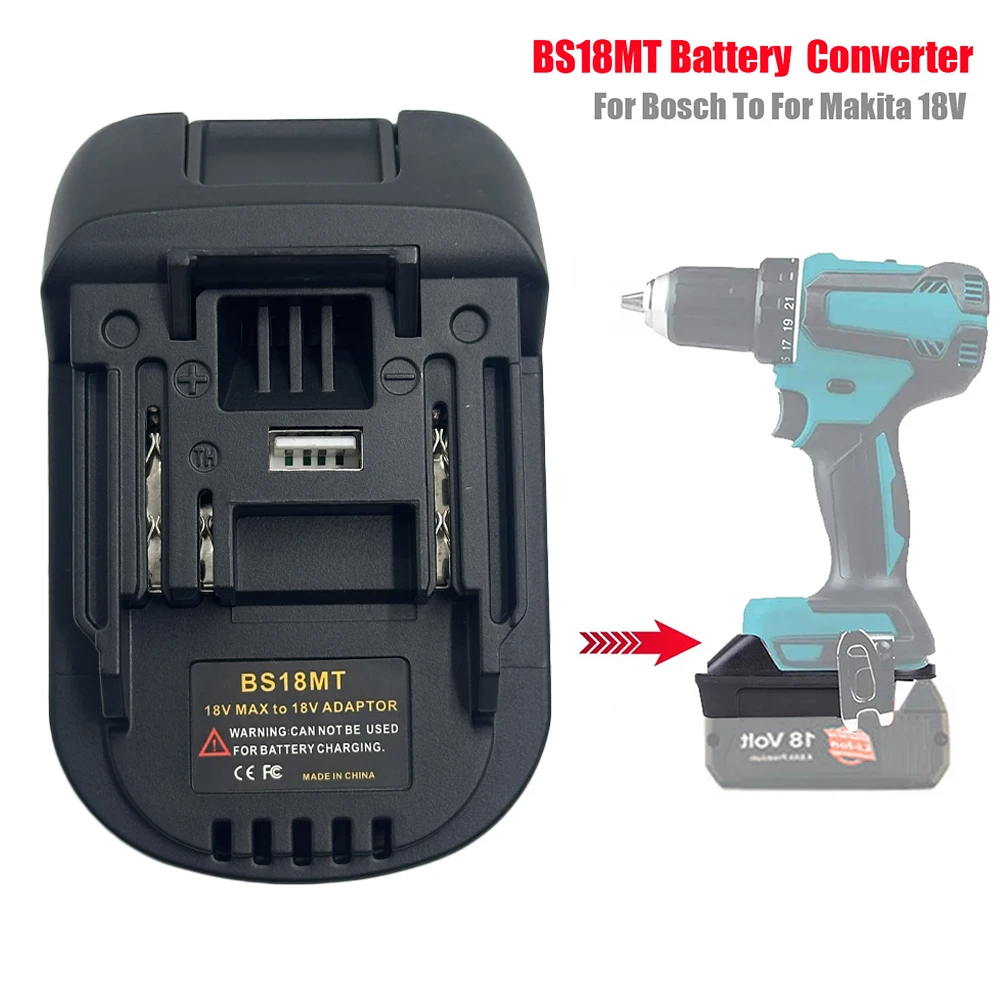 Akku-Adapter-Konverter für Bosch 18 V, umgewandelt in für Makita 18 V Li-Ionen-Akku BL1830 BL1850 BS18MT-Adapter mit USB-Anschluss