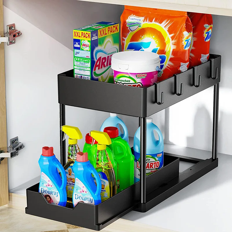 Dropship 2-Tier Under Sink Organizer, Sliding Storage Drawer Basket  Organizer With Hooks, Hanging Cup, ABS Material to Sell Online at a Lower  Price