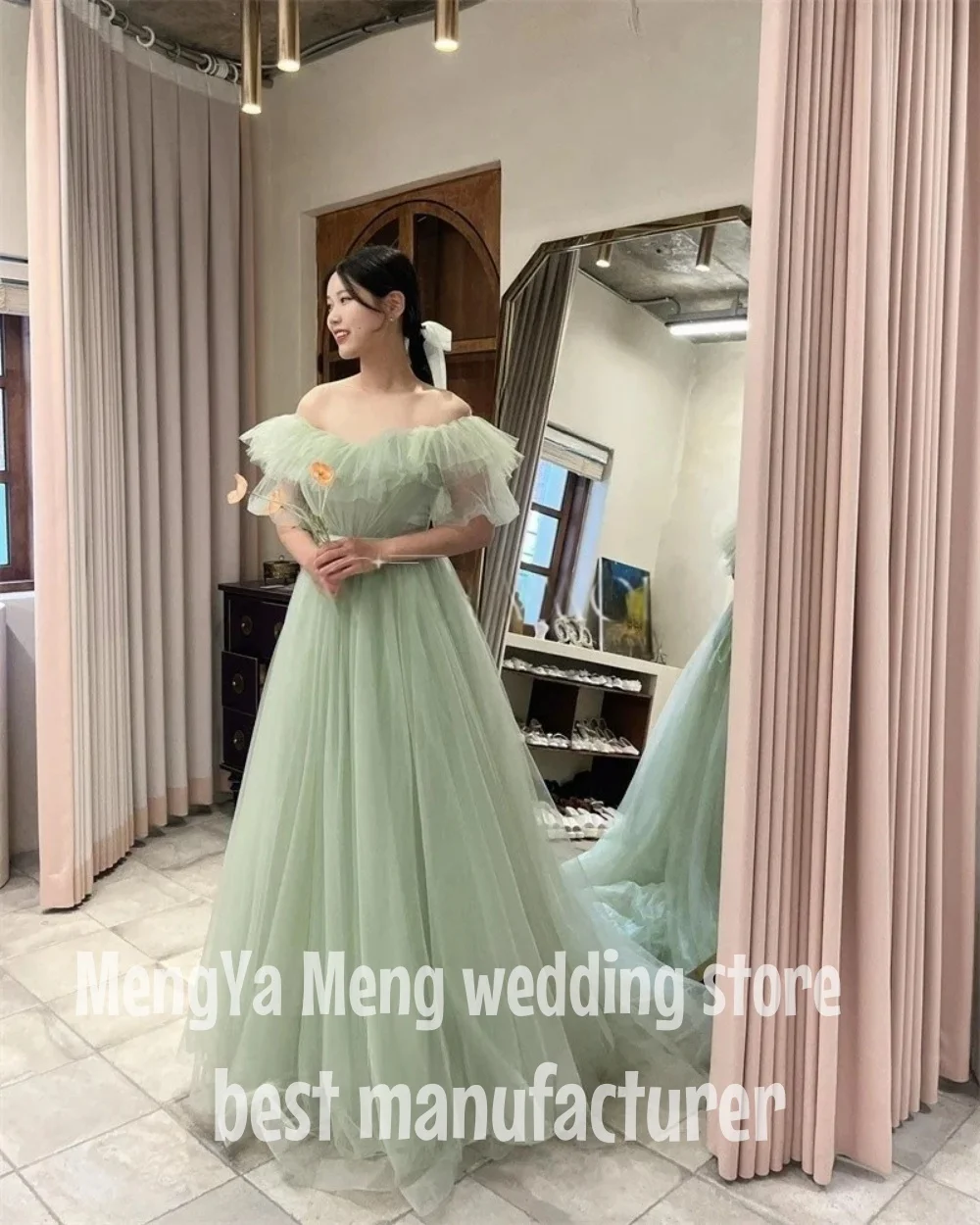 ZHUISHU 2025 Fairy Tulle Green Korea Wedding Party Dress Photo shoot Sleeves Tulle Prom Evening Gowns Bridal Dress Lace Up Back 2