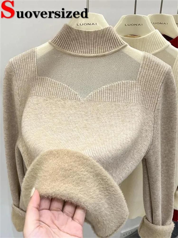 

Half Turtleneck Velvet Lined Knitted Tops Slim Thicken Winter Mesh Pullover Warm Korean Sweater Women Eleagnt Bottoming Jumper