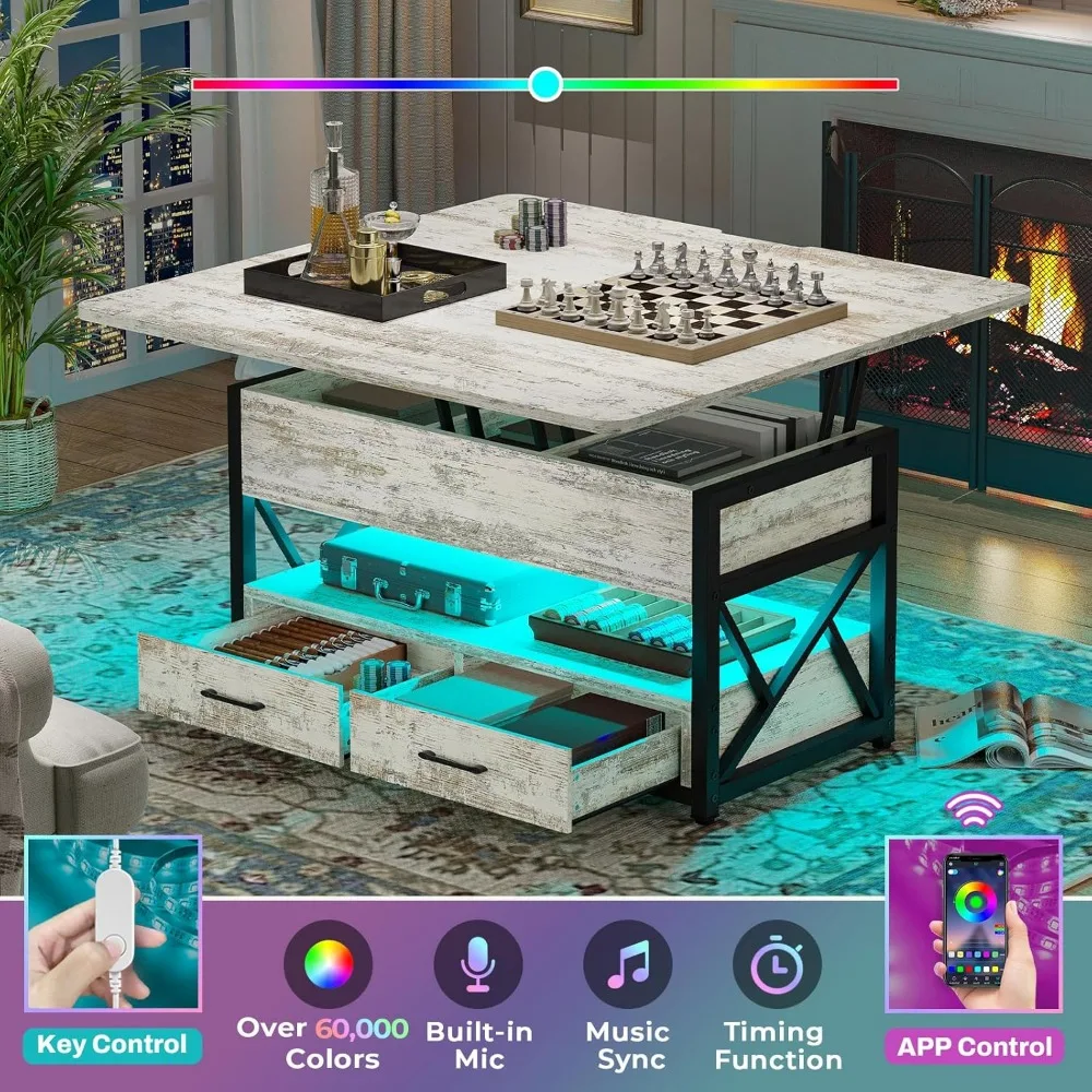 40" Lift Top Coffee Table, 4 in 1 White Coffee Tables with Storage for Living Room,Small Coffee Table with 2 Drawers & LED Light 6