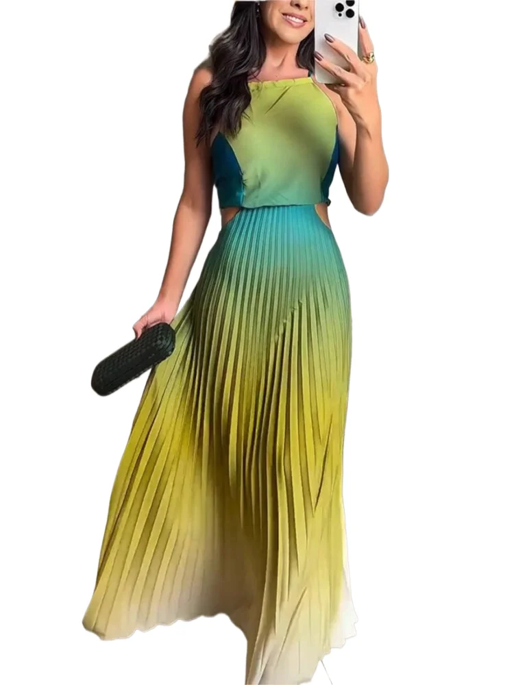 Gradient Halter Neck Pleated Long Dresses Women Sexy Backless Leace-up Beach Vacation Dress Female Vestidos 2025 Summer New