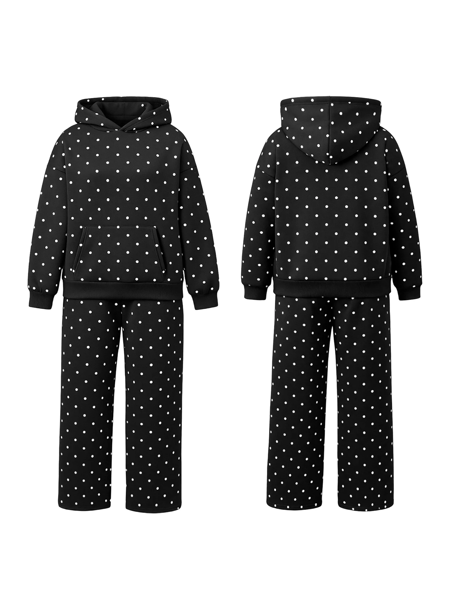 Women s Casual 2 Piece Set with Long Sleeve Hooded Sweatshirt and Elastic Waist Pants Stylish Dot Print Loose Fit Sweatsuit