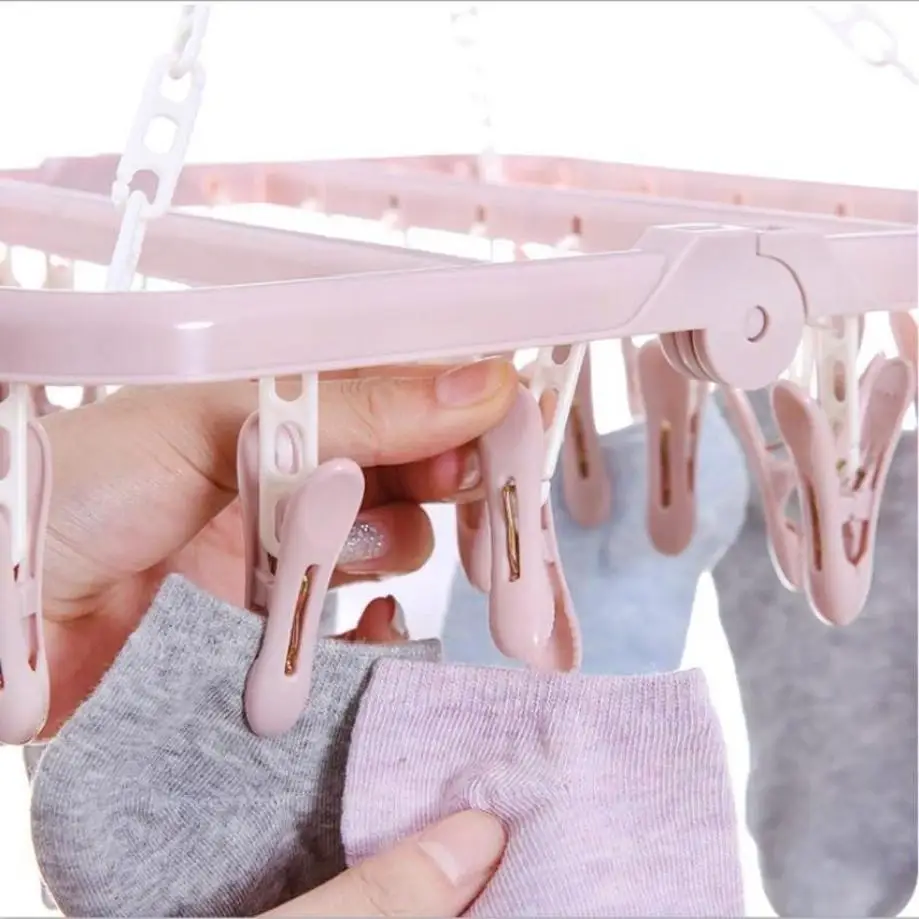 1 Pcs 32 Clips Folding Clothes Hanger Dryer Windproof Socks Underwear Drying Rack Baby Clothes Hangers Organizer Laundry Rack