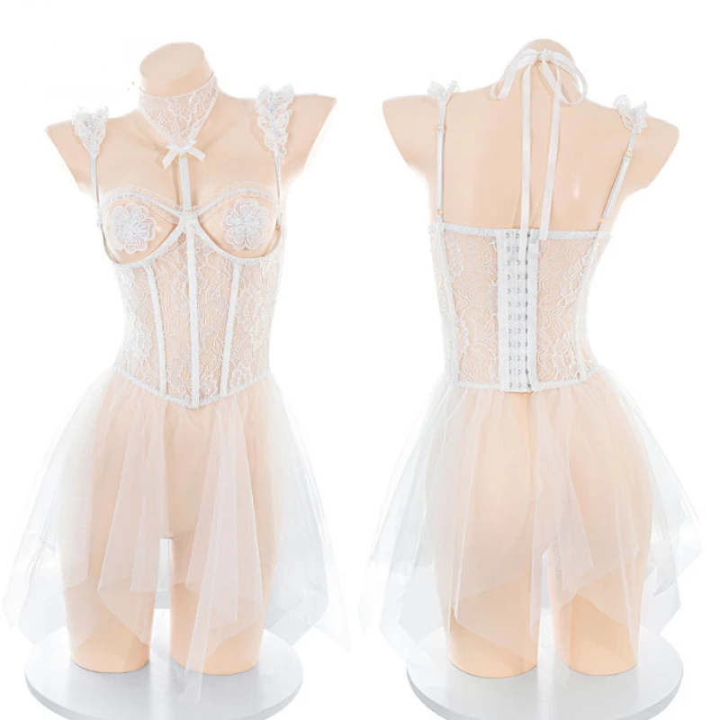 Mesh Lace Bride Cosplay Costume Sexy See Through Girdling Vintage Wedding Dress Black Ghost Bride Role Paly Underwear Lingerie