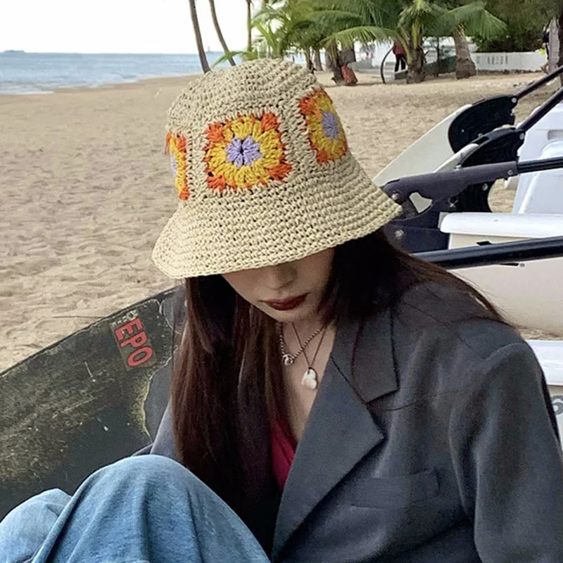 

Summer Beach Korean Straw Hat Women Visor Bucket Hat Fisherman Hat Hand Weaving Panama Girl Fishing Chapeau Sun Hat for Women