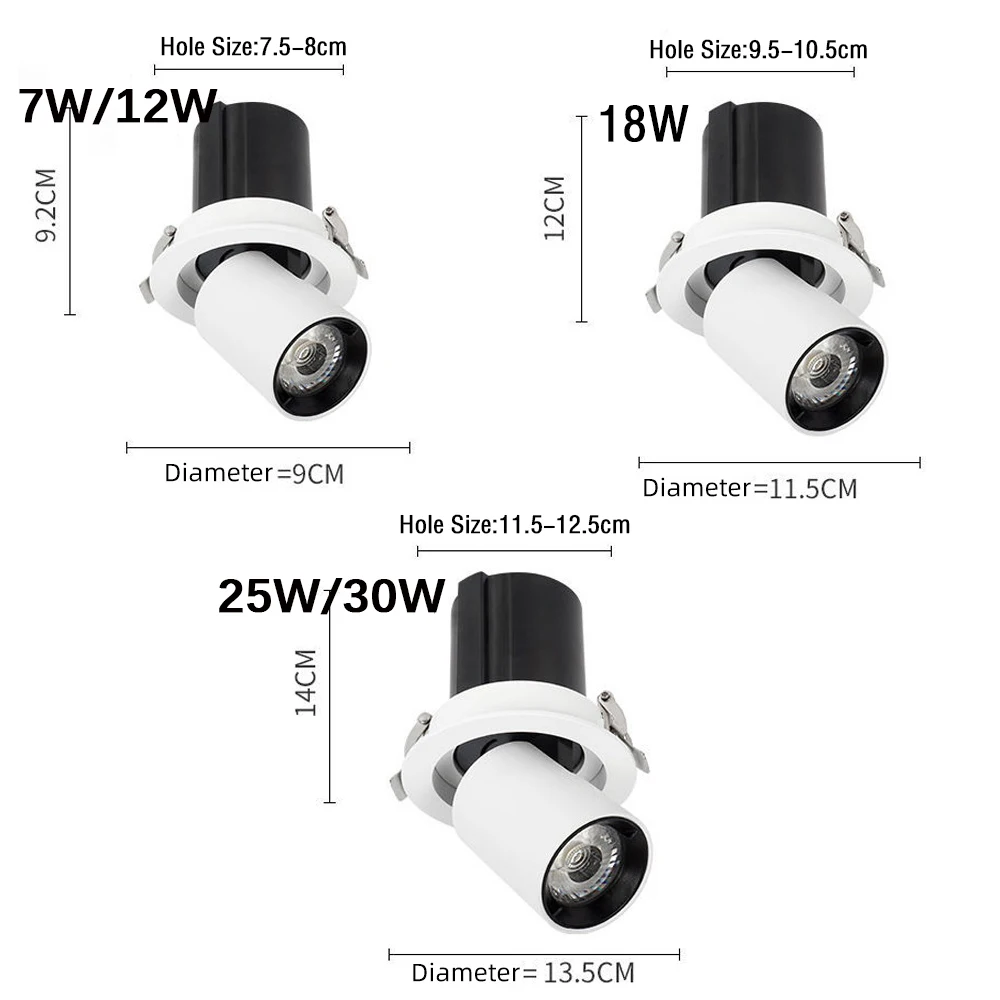 디밍 가능 LED 다운라이트 알루미늄 매입형 스트레치 회전 5W 7W 12W 18W 25W 30W 칩 COB 스팟 조명 천장 램프 AC85-265V