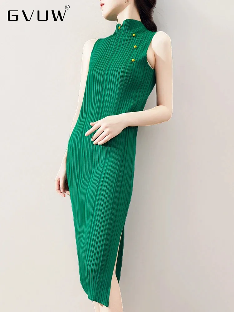 

Плиссированное Платье GVUW с воротником-стойкой, женское облегающее платье без рукавов, новинка 2024, однотонные летние элегантные женские платья средней длины с разрезом, 17G6951