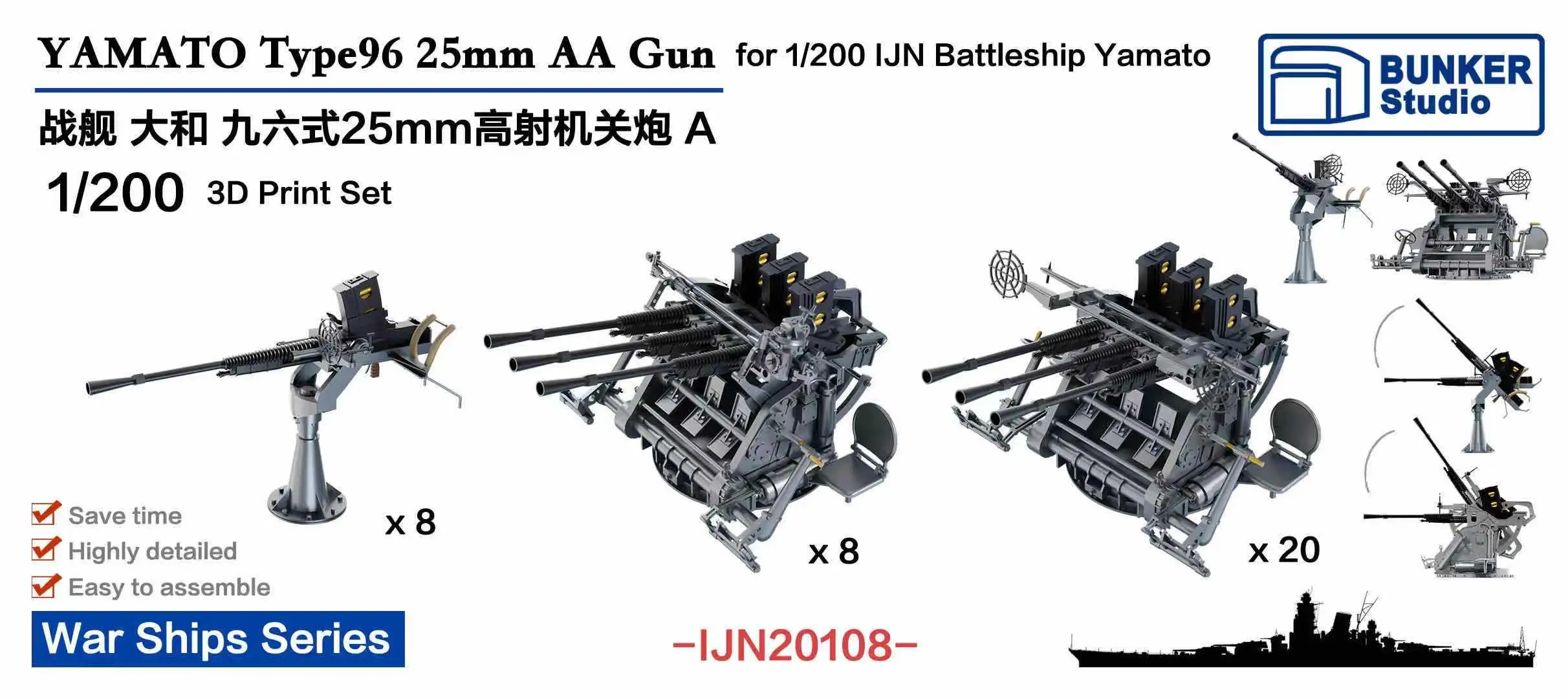 BUNKER IJN20108 YAMATO Type96 25mm AA Gun for 1/200 IJN Battleship