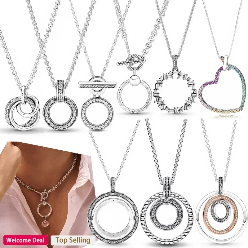 

Original Women's Popular 925 Sterling Silver Colorful Love Heart Logo Ice Crystal Circle Necklace DIY Light Luxury Charm Jewelry