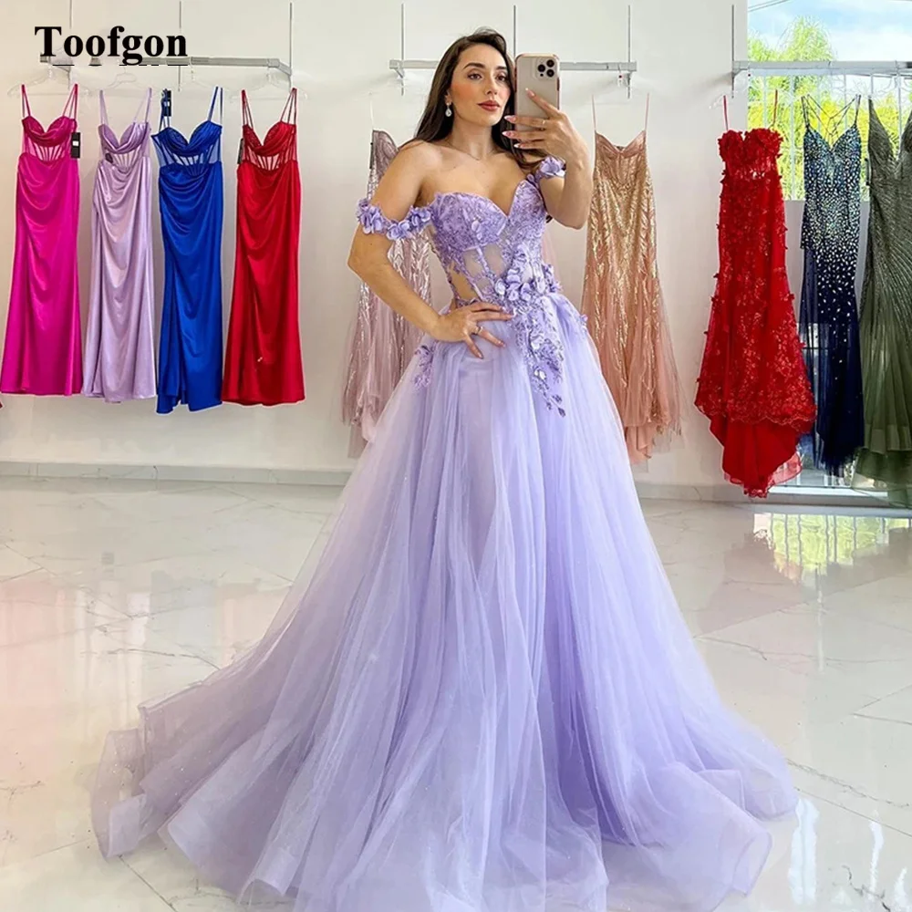 Toofgon Lavender Tulle Appliques Lace Prom Dresses See Through Bones Formal Party Dress Women Bridesmaid Wear Evening Gowns