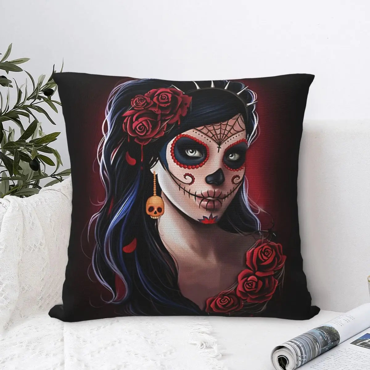 

Sugar Skull Floral Girl Day Of The Dead Dia De Los Muertos Polyester Cushion Cover Tattoos Art For Sofa Car Cojines Decorativos