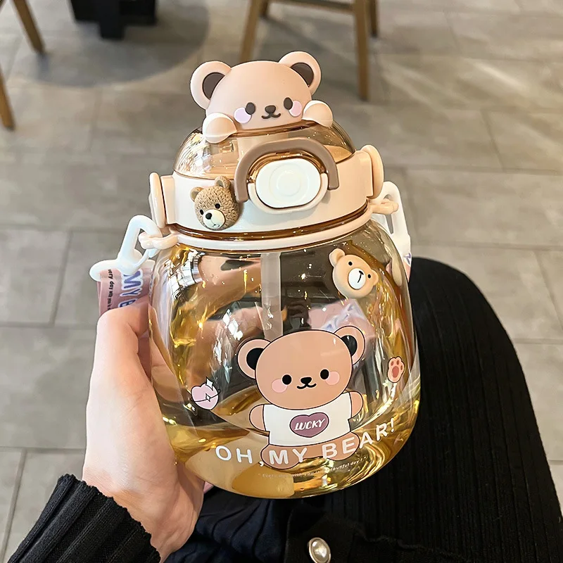 Kawaii Bear Cup 1.3L Tumbler With Straw Cute Water Bottle For Girl Kid  Large Cap