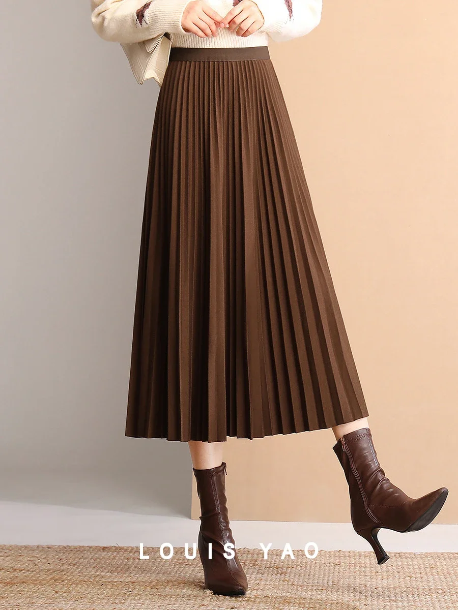 2024 New High-waisted Pleated Skirt Elastic Waistband Thick Flowy Elegant Autumn/Winter Fashionable Long Midi Dress for Women autumn winter high waisted skirt with belt 2020 woolen pockets long slit skirt waistband woman skirts mujer faldas saias mulher