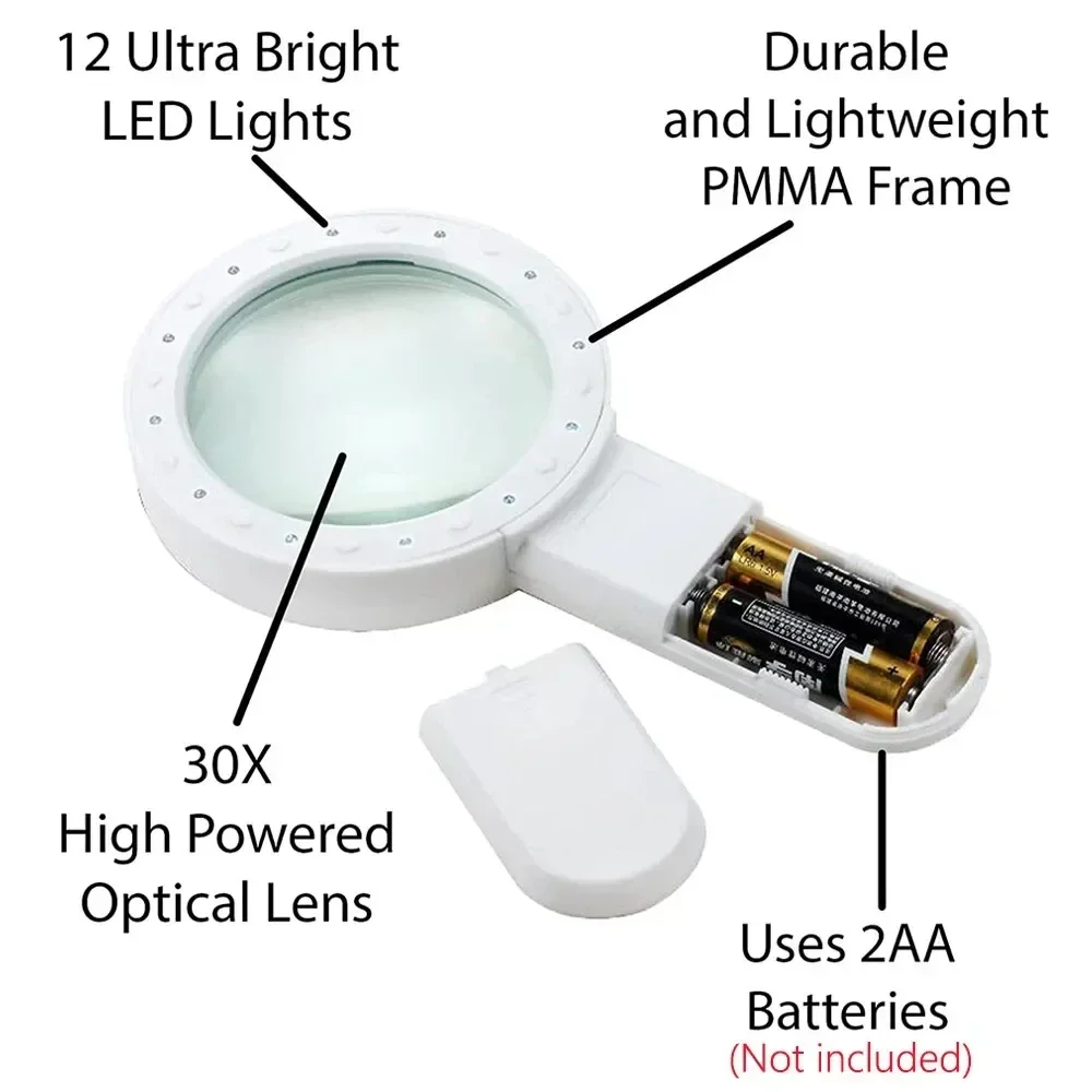 30X Handheld Illuminated Magnifying Glass with 12 LED Lights Reading Magnifier for Seniors Coins Insect Inspection Jewelry Loupe Magnifying Glass