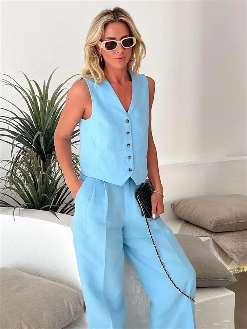 

Linen Women Suits Sets 2 Pieces Summer Vest Tops+Straight Wide Leg Pants Formal Office Casual Hot Girl Daily Wear In Stock