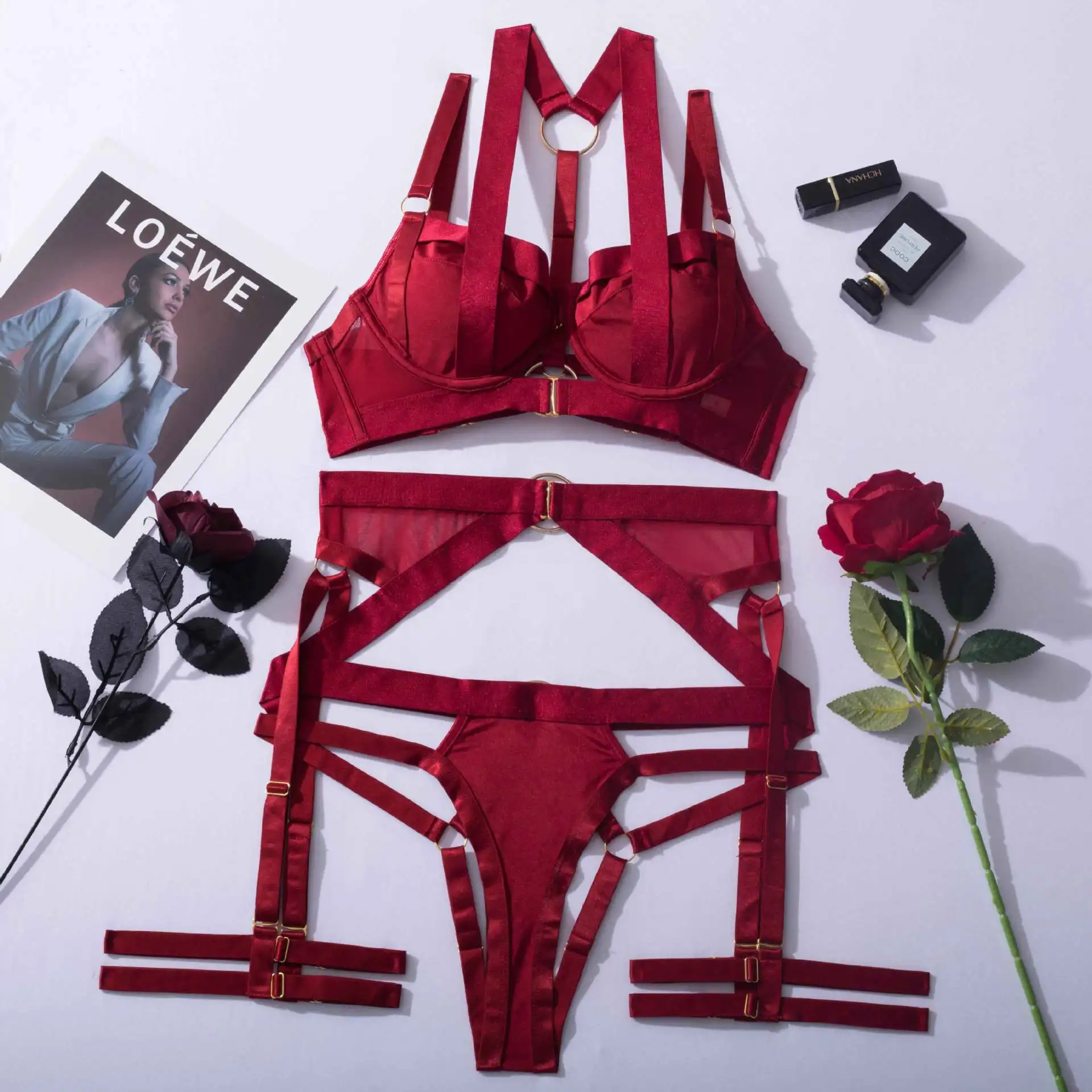 Description Picture 3 of item8 Colors Sexy Backless Lingerie Underwear Erotic Garter Belt 4-Piece Intimate Halter Bra with Bow Seductive Exotic Brief Sets