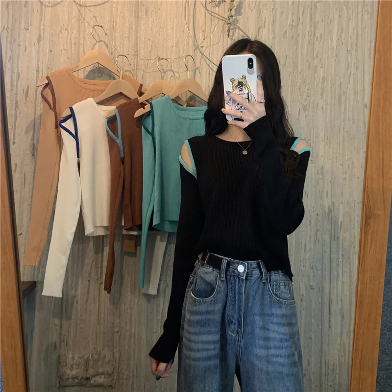 Women Knitted Off Shoulder Sweaters Autumn Long Sleeve