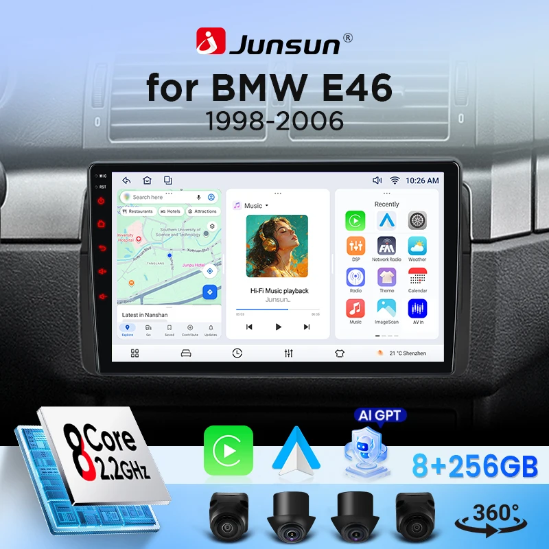 Radio para Auto Junsun para BMW M3 E46 1998-2006, CarPlay, Android Auto, FM, RDS, DSP, BT, GPS, Navegador, SWC, Pantalla Táctil HD IPS, Reproductor Multimedia Plug & Play, Llamadas Manos Libres, Unidad Principal con Estilo Original del Auto 1