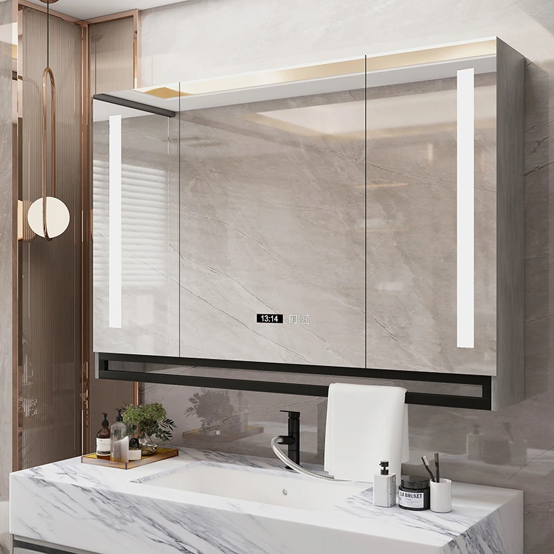 

Solid wood bathroom smart mirror cabinet separate wall-mounted bathroom storage defogging mirror with light rack dressing mirror