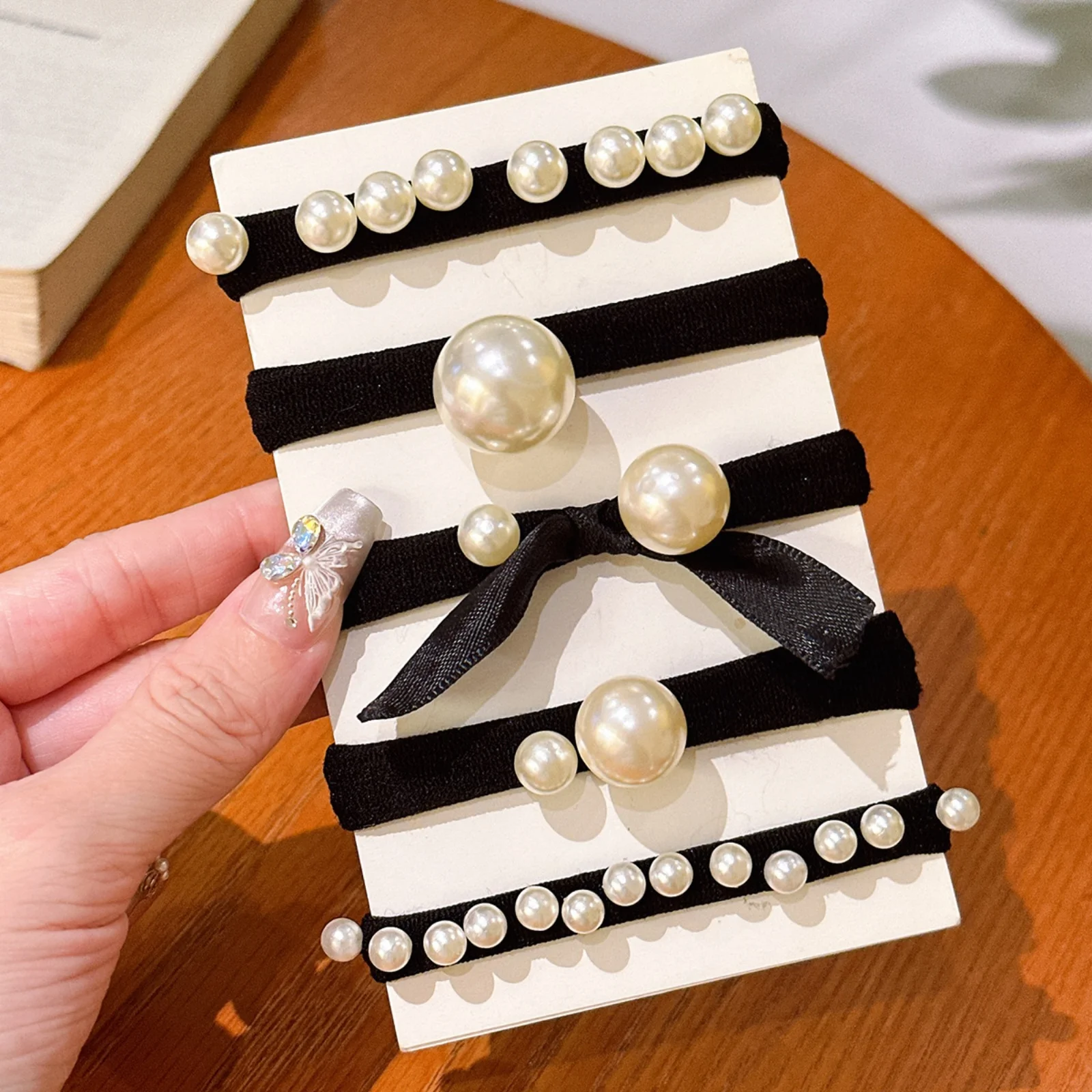 5pcs Fashionable and simple pearl hair tie, small fragrance, high elasticity head rope, thick and seamless scalp band