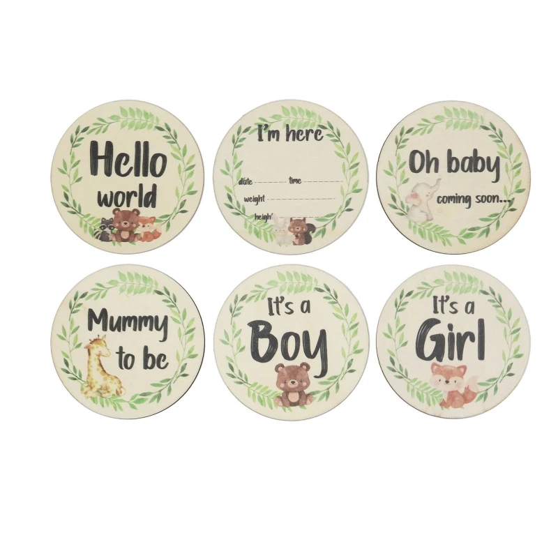 

6 Pcs Cartoon Animal Leaves Printed Gender/Month Wooden Cards Handmade Baby Milestone Cards Newborn Monthly Recording Cards