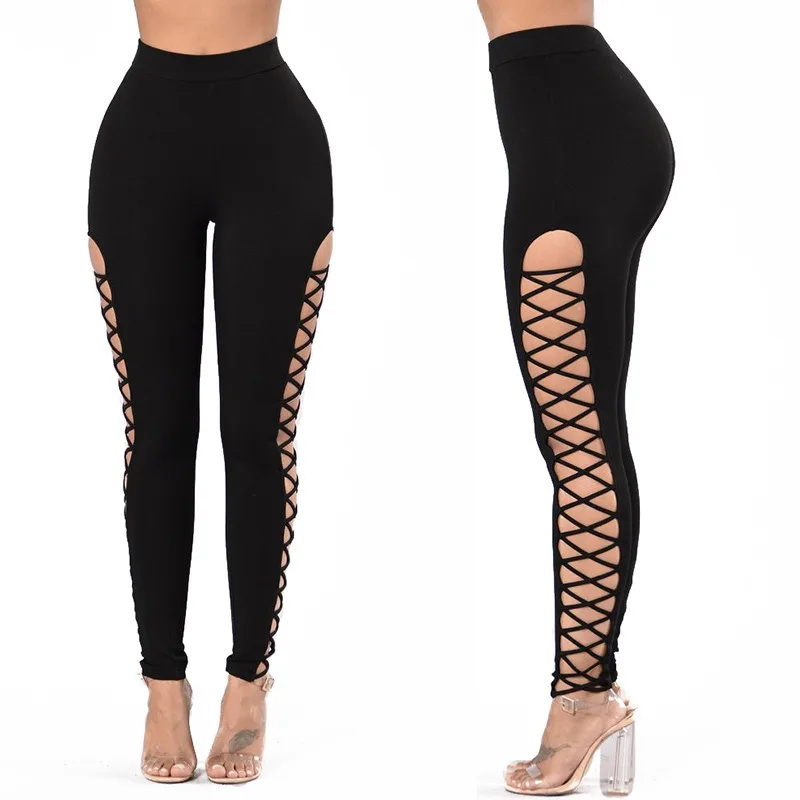 Autumn Winter 2024 New Women's Pants Sexy Elastic Pants with Broken Holes Casual Mid Personality Side Lace Pants