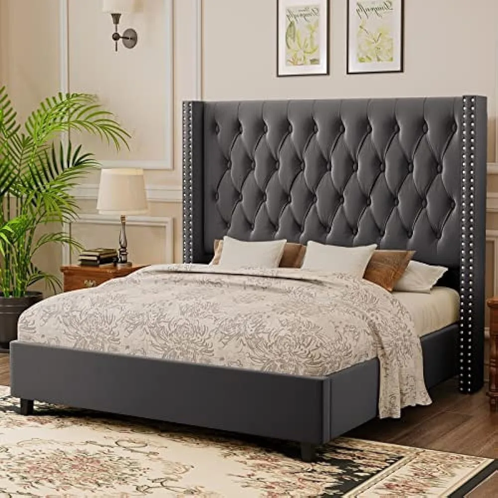 

King Bed Frame, Velvet Tufted Upholstered Bed Frame with Sturdy Wooden Slats, No Springs Required, Easy To Assemble, Bed Frame