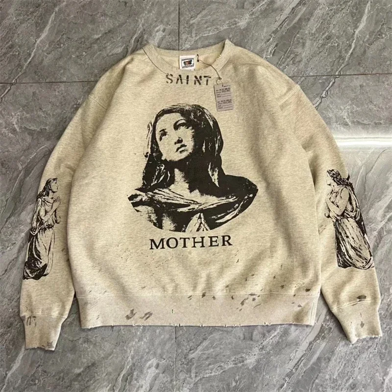 

New Style Vintage Jesus Saint Michael Sweatshirts Men Women 1:1 Best Quality Hoodie Washed Handdrawn Damaged Crewneck