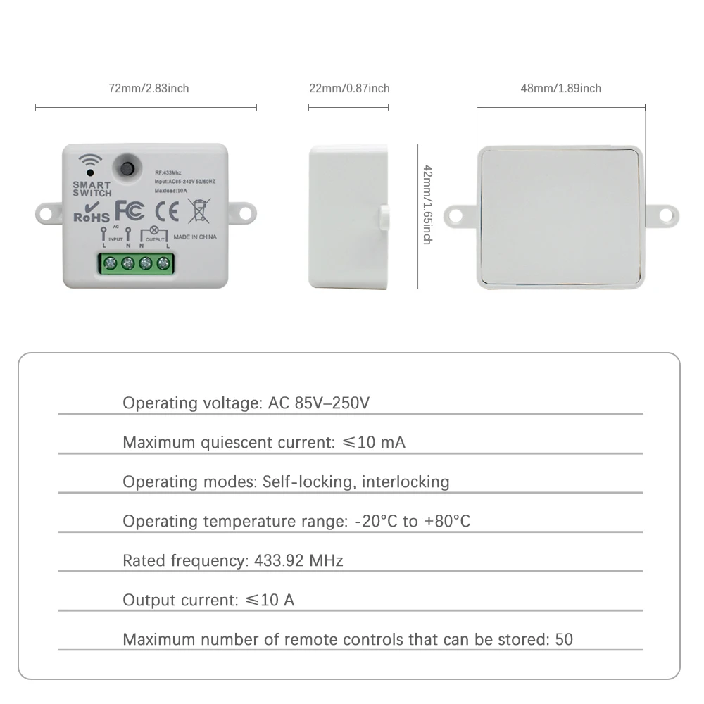 433MHz 무선 원격 컨트롤러 10A 스위치 AC 85-240V 220V 릴레이 수신기 미니 모듈 및 램프 조명용 송신기 2026 신제품