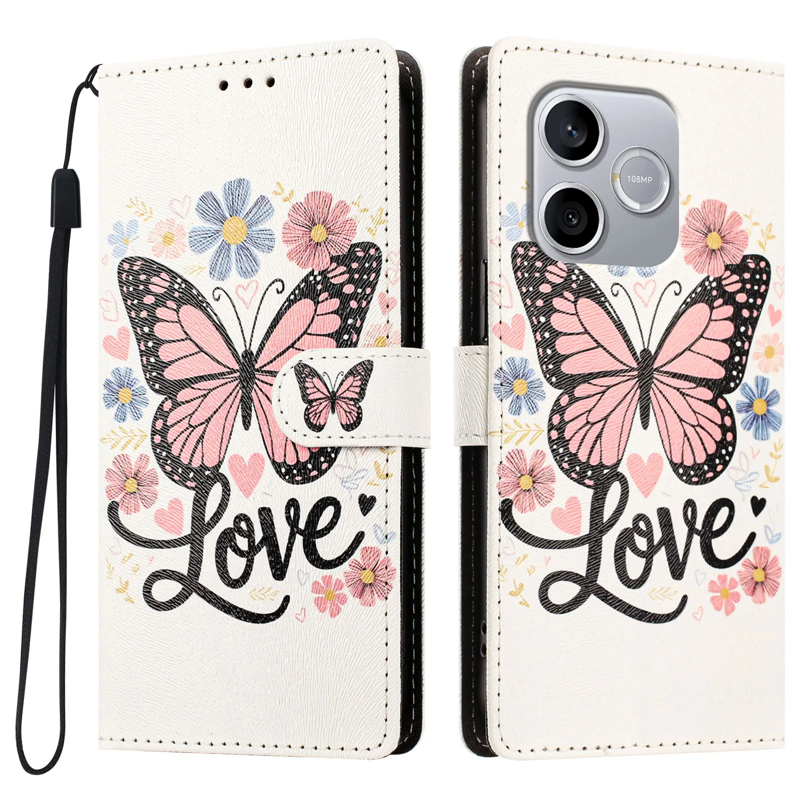 Patterned Leather Phone Case with Wallet Holder and Cat Design Flip Cover