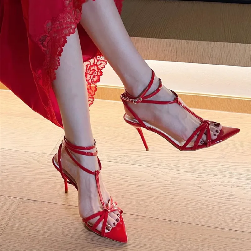 

Новинка лета, лаковая кожа, тонкая полоска, заостренный носок, тонкий высокий каблук, банкетное платье, универсальная женская обувь небольшого размера