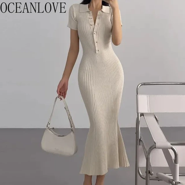 OCEANLOVE Mermaid Ruffles Dresses for Women Knitted Solid Single Breasted Sexy Vestidos Mujer Fashion Spring Summer Long Dress 1