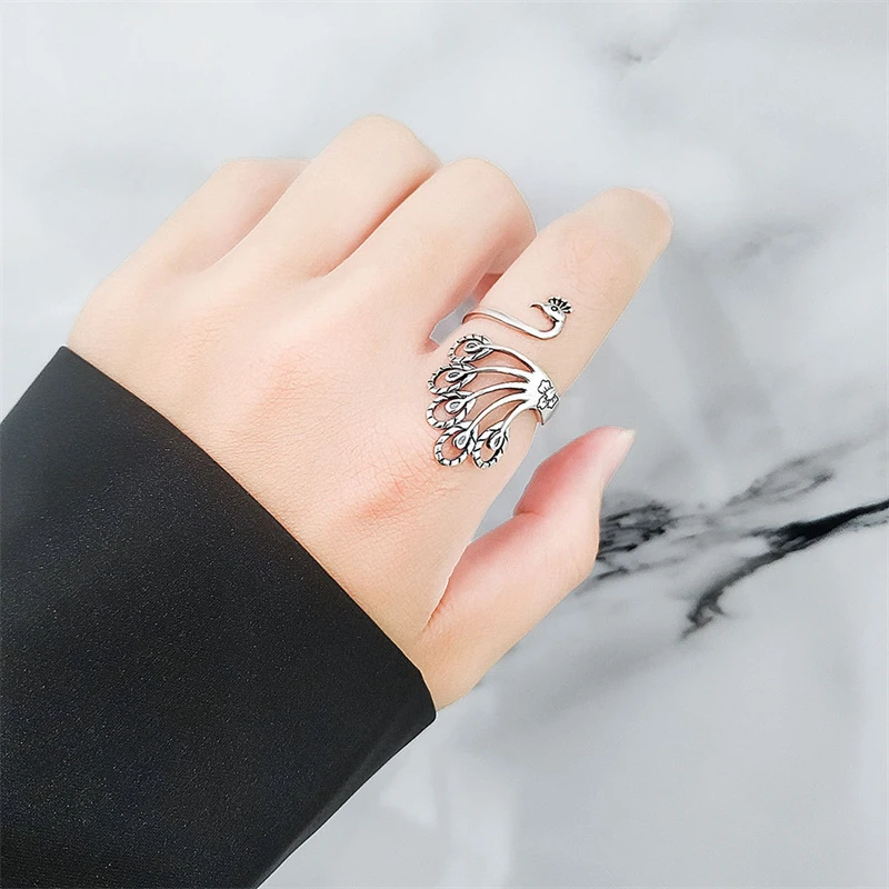 WYEAIIR Vintage Creative Art Peacock Thai Silver 925 Sterling Silver Resizable Opening Ring For Women Luxury Jewelry Silver Ring Silver Rings