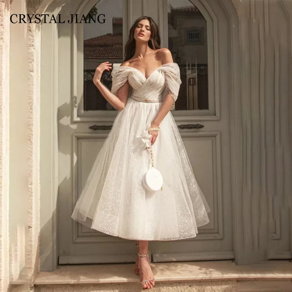 

Vintage Short Glitter Off the Shoulder Tulle Short Sleeves A Line Tea Length Vestidos Para Eventos Especiales Bridal Gowns