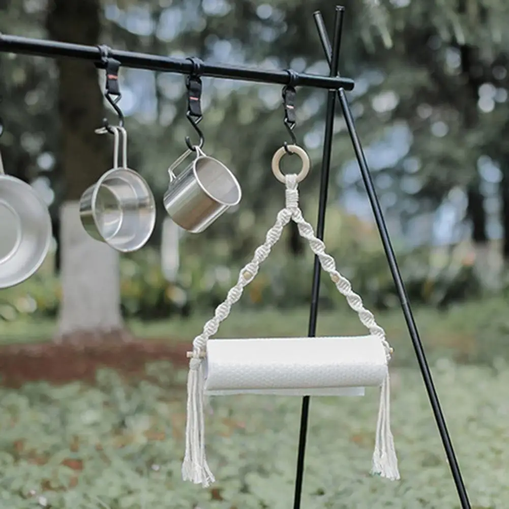 

Camping Paper Roll Holder Macrame Smooth Stick Outdoor Hanging Tissue Paper Roll Holder Outdoor Tools