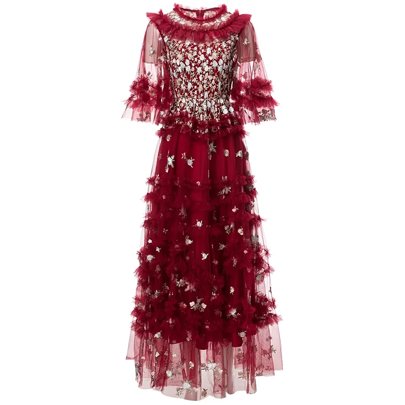 

Autumn Mesh Long Dress Women O-Neck Butterfly Sleeve Floral Embroidery Ruffles Vintage Party Dresses