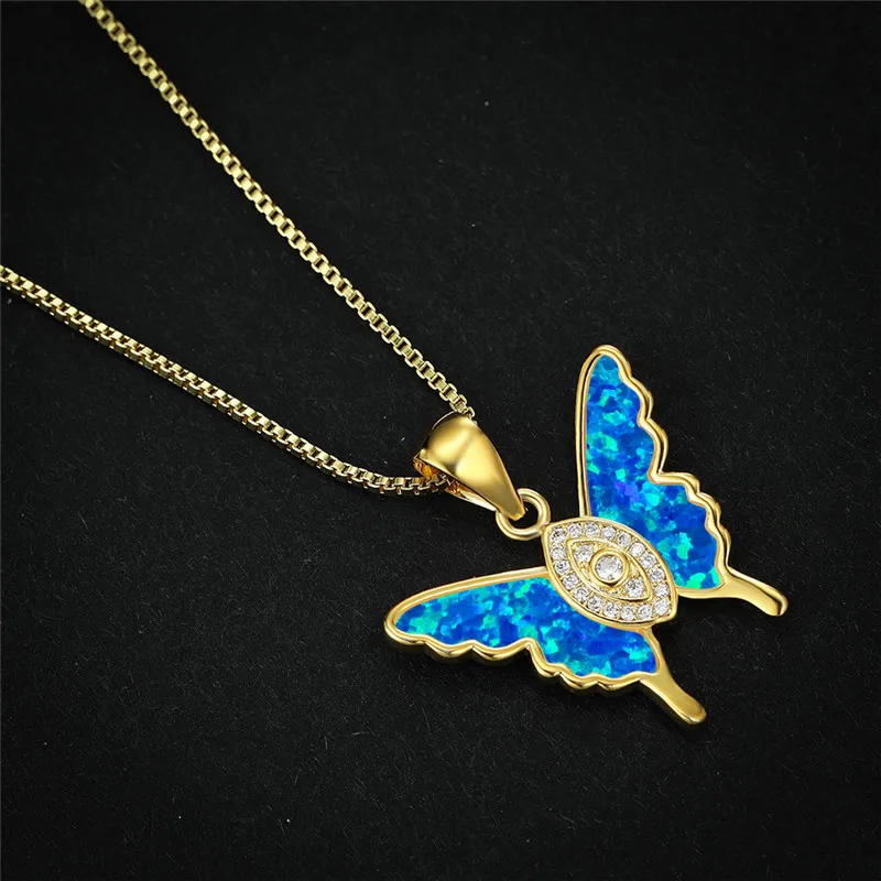 Female Cute Butterfly Pendant Necklace White Blue Opal Stone Animal Necklace Fashion Gold Silver Color Chain Necklaces For Women