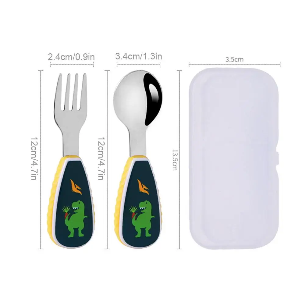 2Pcs Short Handle Utensil Toddler Utensils Cute Toddler Feeding Spoon And Fork Set Steel Innovative Cartoon Dinosaur