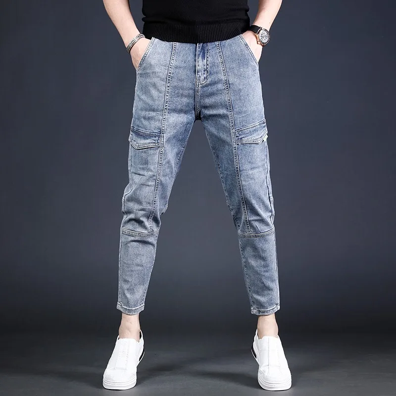 Cargo Jeans Men Summer Slim Fit Ankle-Length Pants Streetwear Fashion Casual Blue Patchwork Denim Trousers