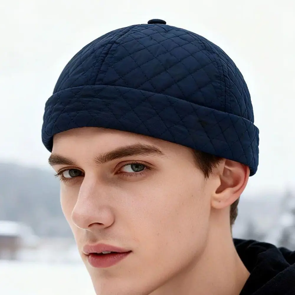 Square Grid Dome Melon Cap Men Brimless Hat Hip Hop Landlord Hat Autumn Winter Fleece-Lined Thicken Skullies Beanie Docker Cap