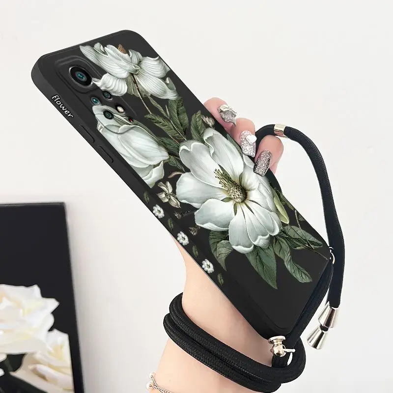 

Wild Flowers Crossbody Lanyard Silicone Phone Case For Xiaomi Redmi Note 11 Pro Plus 12Pro Plus 11 11S 10 Pro 12 9S 8 Pro Cover