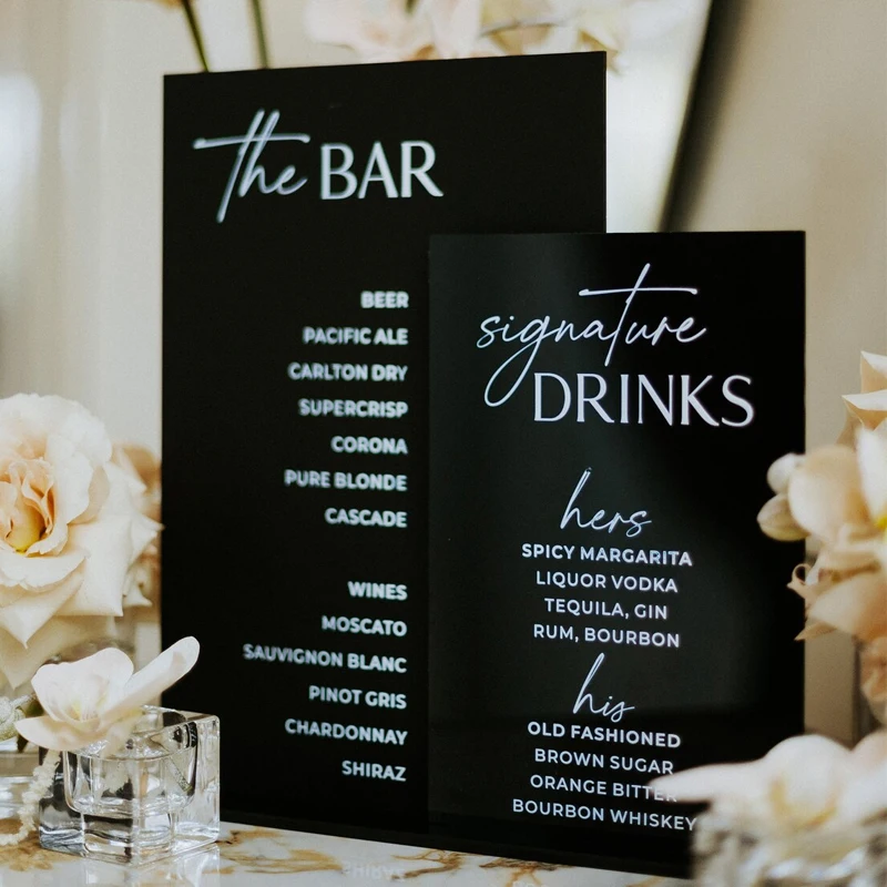 Wedding Bar Sign Black Acrylic Wedding Bar Menu Signature Drinks Sign Cocktails Reception Table Decor