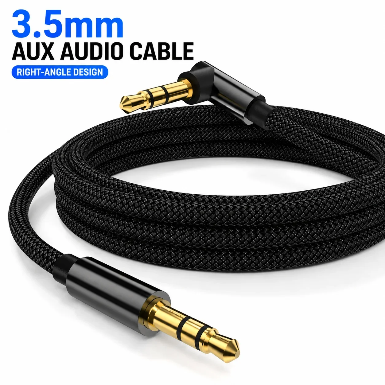 Durable 3.5mm AUX Audio Cable with Right-Angle Design and Braided Nylon Finish