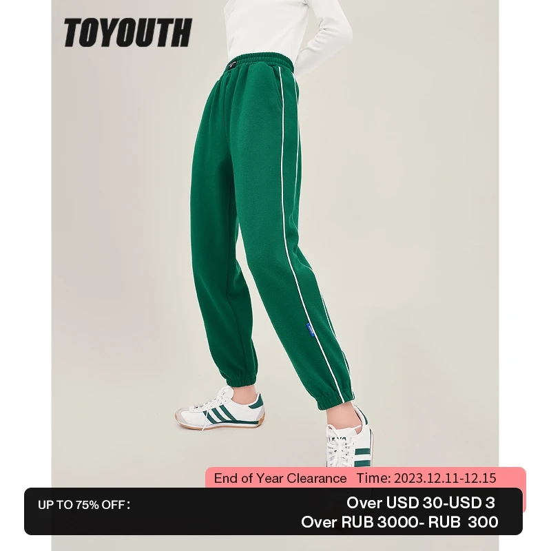 

Toyouth Women Fleece Sweatpants 2022 Winter Elastic Waist Straight Long Trousers Side White Stripe Navy Green Casual Sport Pant