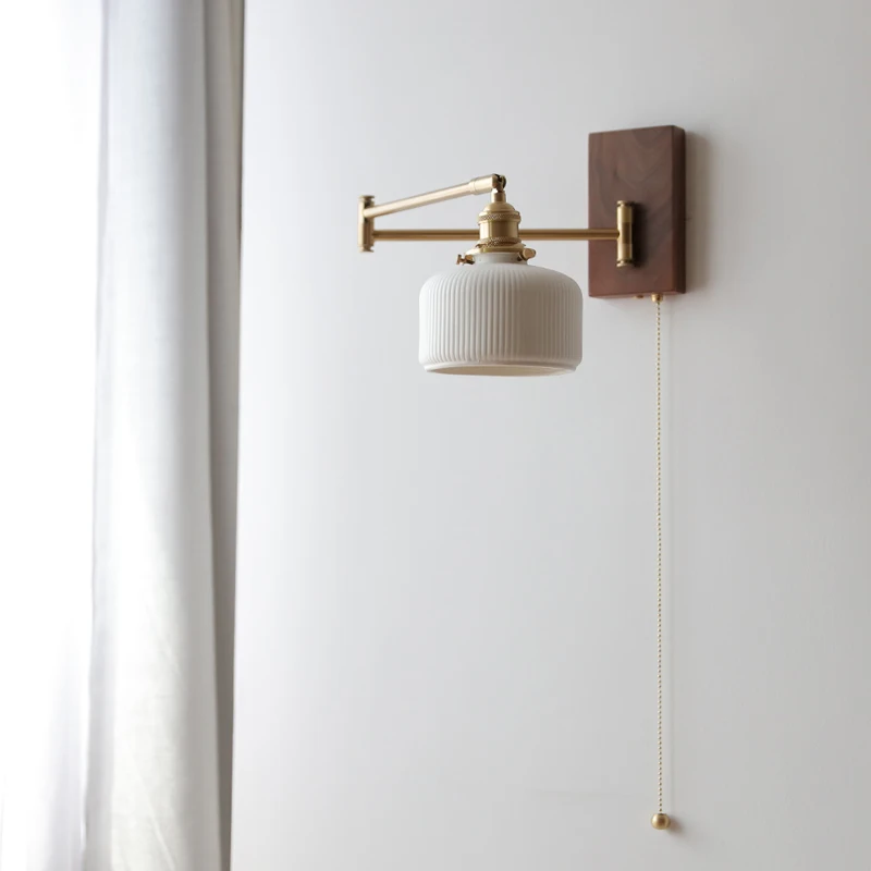IWHD 풀 체인 스위치 침실 거실 조명 팔 왼쪽 오른쪽 Totate 나무 캐노피 Applique Murale Sconce 옆에 LED 벽 램프