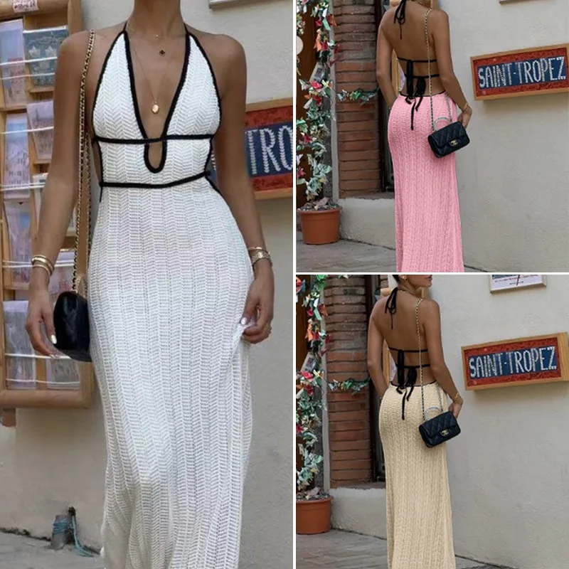Ladies Striped Knitted Beach Skirt Sets Women Sexy Backless Slim Bohemian Outfits Ruffle Holiday Vacation 2 Piece Set Female main image 1