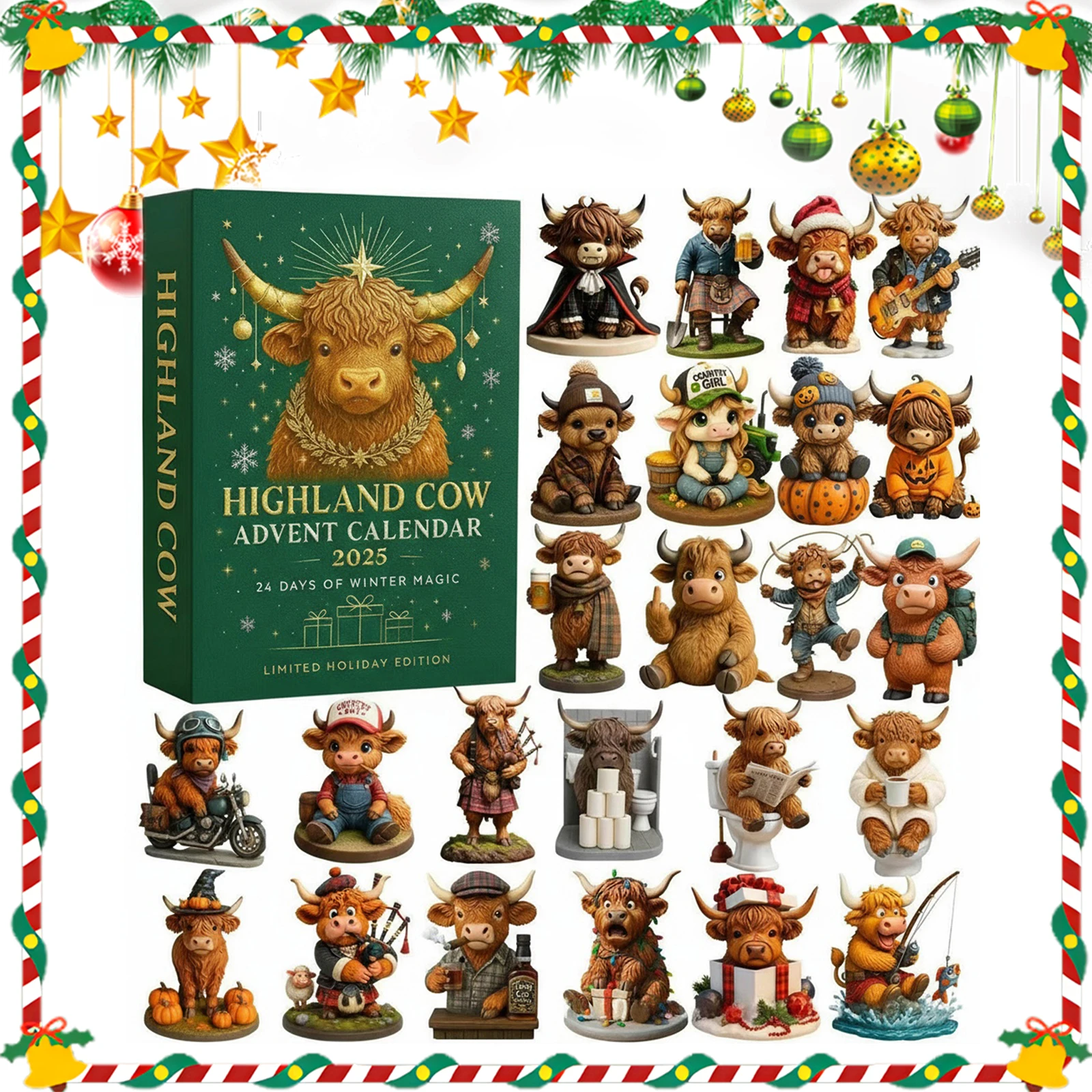 Cat Lovers Advent Calendar Christmas Countdown Calendar 2D Acrylic Cute Cat Calendar Highland Cow 24 Days Xmas Calendar Ornament