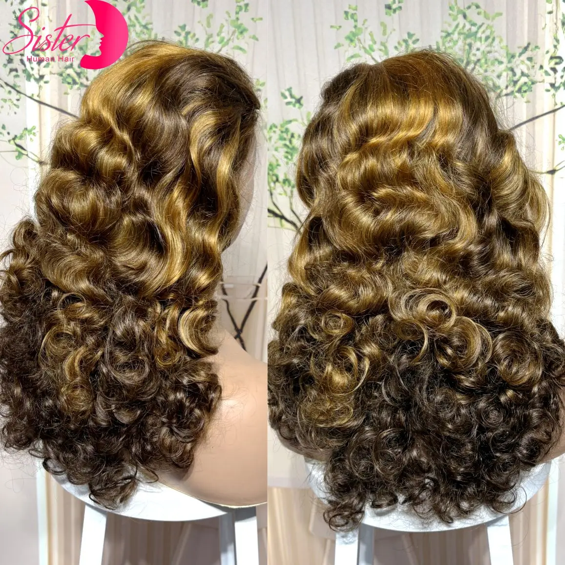 Bouncy Curly Human Hair Wig with Highlights