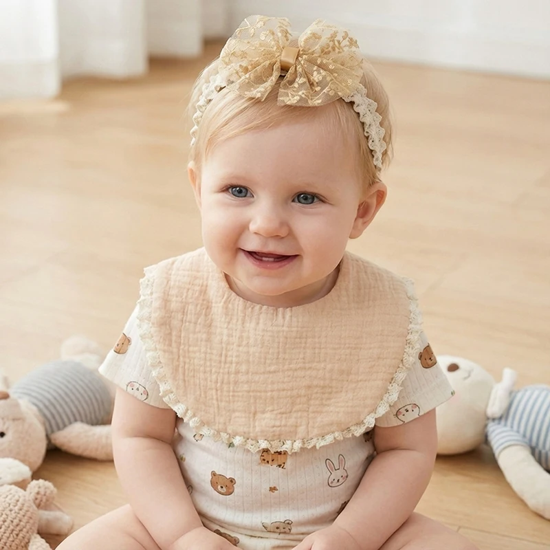  여자아이 리본 헤어밴드 턱받이 세트 사진 소품   침 흘리기 방지 턱받이 반다..